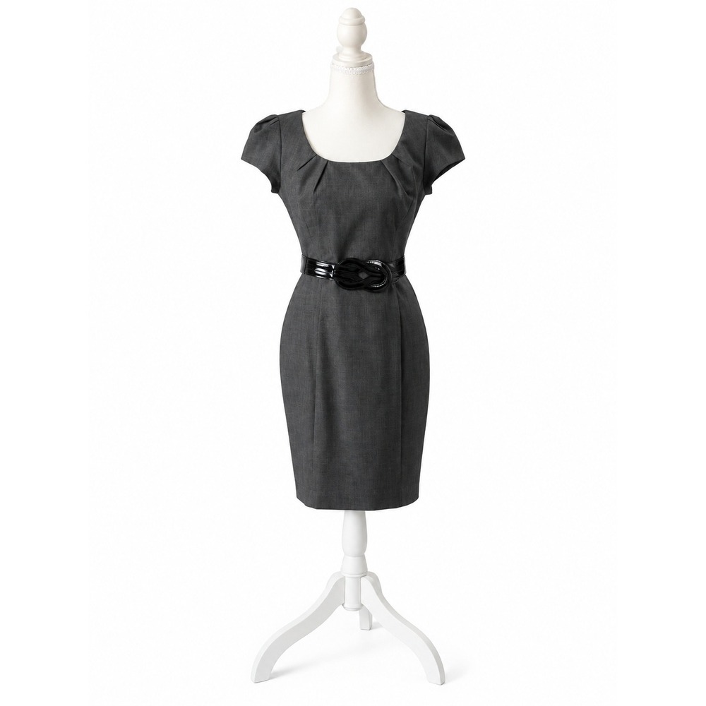 Minimalist Office Siren Gray Sheath Dress Belted Puff Sleeve Size 7